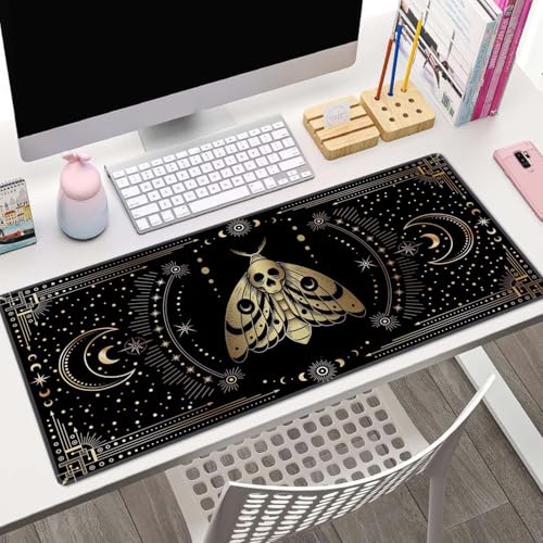 Moth Witch Desk Mat Moon Phases Large Mouse Pad XL Extended Gaming Mousepad Crescents Keyboard Mouse Mat Desk Pad for Computer Laptop 31.5''X11.8'' Non-Slip Rubber Base with Stitched Edges - color: Moth Witch Moon Phases