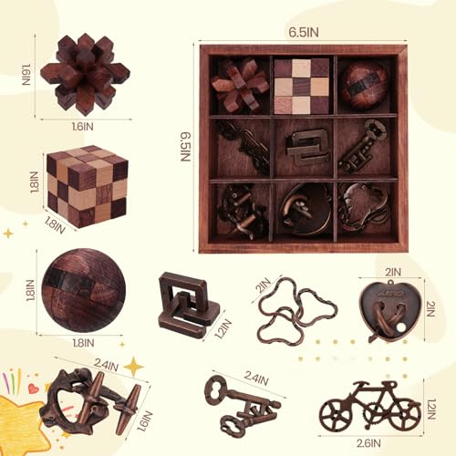 9 Pcs Brain Teaser Puzzles for Adults Teens - Brain Teaser Puzzles with Wooden Box 3D Puzzle Game Toys for Adults Teens - Unlock Interlocking Puzzle Adults Teens IQ Education Smart Toys - color: Style E