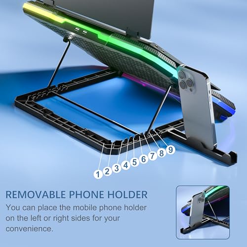 Laptop Cooling Pad, MOOJAY Laptop Cooler with 9 Quiet Fans for 14-19 Inch Notebook Computer, Gaming Laptop Fan Cooling Stand with 6 Adjustable Speeds and 10 RGB Light Modes, 2 USB Ports & Phone Holder