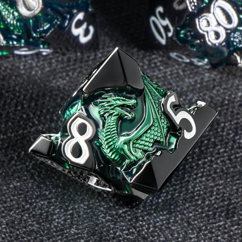 Roycevon Relief Dragon DND Dice Set for Role Playing Game, 7Pcs Metal D&D Dice Set Dungeons Dragons with Gift Box, Polyhedral D and D Dice D20 D12 D10 D8 D6 D4, Green and White - color: Green and White
