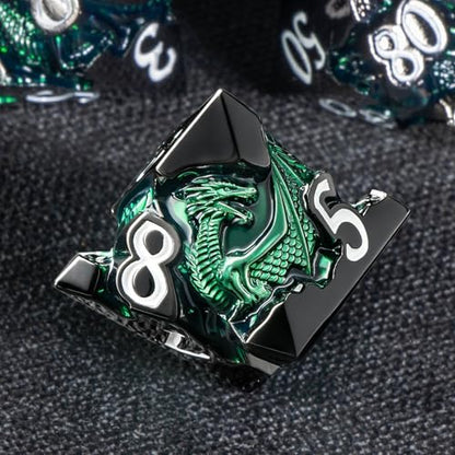 Roycevon Relief Dragon DND Dice Set for Role Playing Game, 7Pcs Metal D&D Dice Set Dungeons Dragons with Gift Box, Polyhedral D and D Dice D20 D12 D10 D8 D6 D4, Green and White - color: Green and White