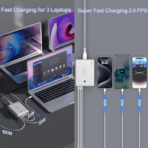 USB C Charger Block 240W, 8-Port Charging Station for iPhone/Ipad/MacBook, 6C2A PD GaN Charger Box, USB Tower Hub with Flat Plug, Travel Essentials - color: Flat Charger 240W White