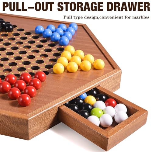AMEROUS Large 20.5 inches Wooden Chinese Checkers Set with Storage Drawer - 60 Acrylic Marbles in 6 Colors - 12 Bonus Spare Marbles, Classic Strategy Family Board Game for Adults