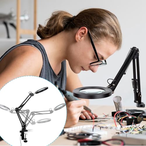 LED Magnifier Desk Lamp with Stand and Clamp, 3 Color Modes & Stepless Dimming 5-Diopter Glass Lens, Adjustable Swivel Arm - Magnifying lamp for Close Work, Repair, Crafts, Reading