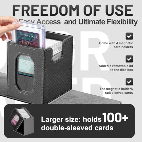 Trading Card Storage Box with Commander Display for MTG, TCG, Sports Cards, 5-in-1 Card Deck Box, Holds 450+ Double-Sleeved Cards, 4 Individual Deck Cases with Covers, Dice Tray & Magnetic Holders - color: Black & Grey