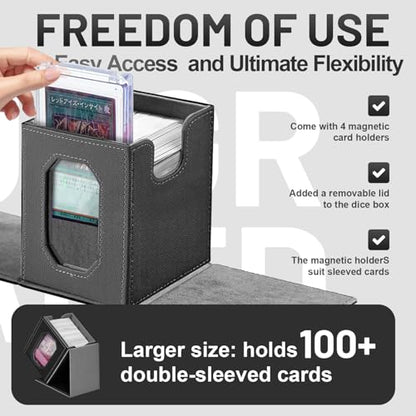 Trading Card Storage Box with Commander Display for MTG, TCG, Sports Cards, 5-in-1 Card Deck Box, Holds 450+ Double-Sleeved Cards, 4 Individual Deck Cases with Covers, Dice Tray & Magnetic Holders - color: Black & Grey