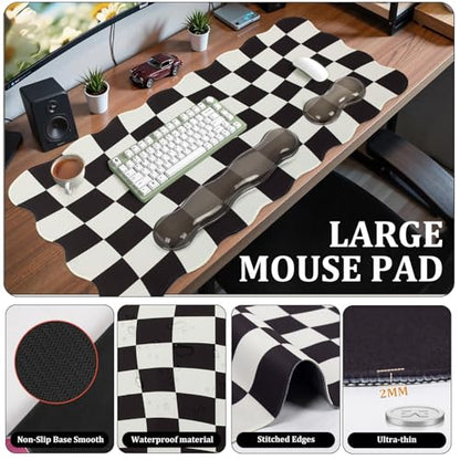 L-SPOUTTO Black Checkered Mouse Pad Set,Scalloped XXL Desk Mat + Ergonomic Mouse Wrist Rest + Gel Keyboard Wrist Rest for Keyboard 65%/75%,3in1 Large Desk Pad for Desktop Home Office Computer Game - color: Black Checkered