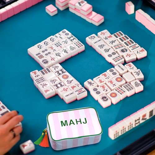 Sanwuta 1 Pcs Mahjong Tile Bag with Zipper,Pink, Green,Striped | Embroidered Mahjong Case for 166 American Mahjong Tiles (1.2") Portable Bags for Board Game Party Gathering Travel - color: Pink, style: Clean