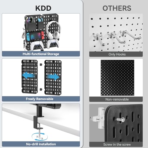 KDD 7 in 1 Clamp-on Desk Pegboard - No Drill Desk Side Storage with Phone Stand/Pen Holder/Storage Box/Headset & Controller Holder/Hooks, Detachable Gaming Pegboard for Office & Home Desktop Organizer