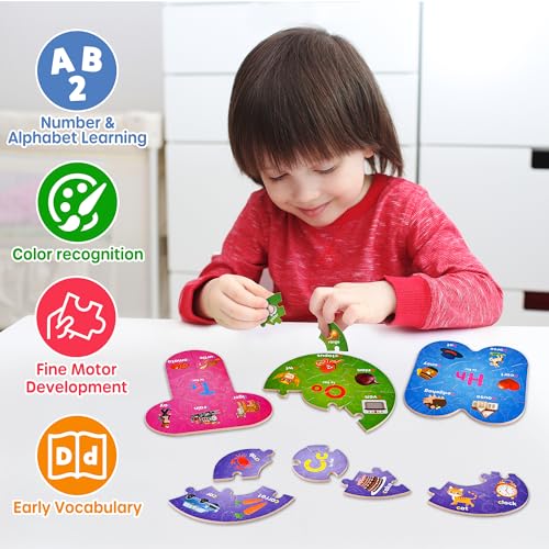 SYNARRY Number and Alphabet Puzzles for Kids Ages 3-5, ABC Learning for Toddlers Ages 3+, Preschool Activities Letter Puzzles Montessori Educational Toys Gifts for 4 5 6 7 8 Year Old Boys Girls - style: ABC+numbers(special-shaped)