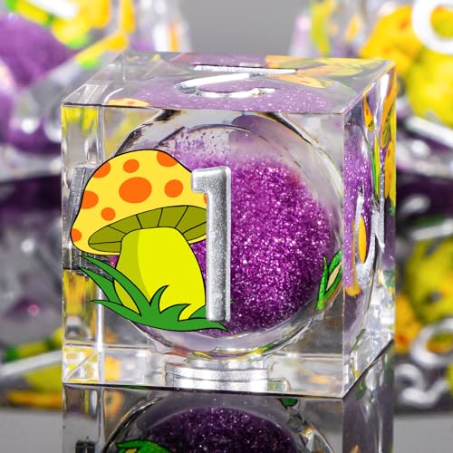 OUKELANWO Liquid Core Mushroom DND Dice Set D&D, 7Pcs Resin Sharp Edge Dice with Gift Box, Dungeons Dragons D and D Role Playing Gaming Dice D20 D12 D10 D8 D6 D4, Purple and Yellow - color: Purple and Yellow