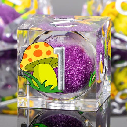 OUKELANWO Liquid Core Mushroom DND Dice Set D&D, 7Pcs Resin Sharp Edge Dice with Gift Box, Dungeons Dragons D and D Role Playing Gaming Dice D20 D12 D10 D8 D6 D4, Purple and Yellow - color: Purple and Yellow