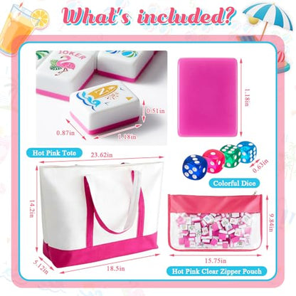 Soulchen 1.2 Inch Summer Beach Themed American Mahjong Tiles Set | Complete 168 Hawaii Melamine Tiles with Dice Large Tote Bag Portable Pouch for Travel Game Night Vacation Collection Gift - color: Rose Red, style: Beach Vacation
