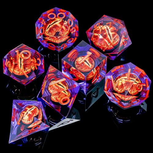 ARUOHHA DND Resin Dice Gazes Eye Dice Purple Red Liquid Core Flaming RPG Sharp Edged Dice Set with Gift Box, Polyhedral D and D Dice Set Compatible with Dungeons Dragons Role Playing Game D20 D6 - color: Sl01-purple Red