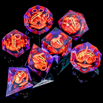 ARUOHHA DND Resin Dice Gazes Eye Dice Purple Red Liquid Core Flaming RPG Sharp Edged Dice Set with Gift Box, Polyhedral D and D Dice Set Compatible with Dungeons Dragons Role Playing Game D20 D6 - color: Sl01-purple Red