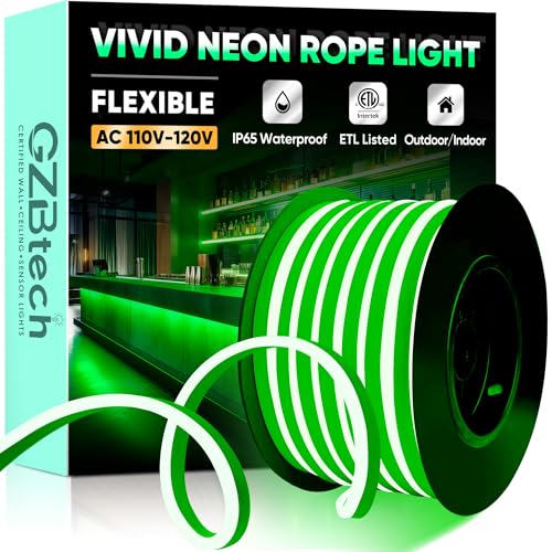 GZBtech Flexible LED Neon Rope Lights 50FT,AC 110-120V Waterproof Strip Light, 120 LEDs/M Cuttable Connectable Neon Lighting for Indoor Outdoor Home Decor/Commercial Building Use-Green 15M, ETL Listed - color: Green, size: 50FT
