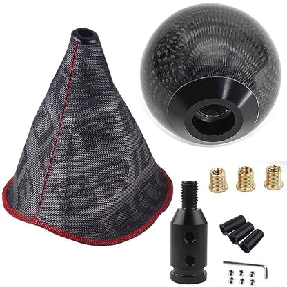 zhengsheng MUGE Racing Fabric Shift Boot with Round Ball Carbon Fiber Shift Knob,Universal Shift Boot Cover with Weighted Shift Knob (Style 1)
