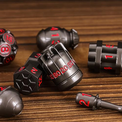 UDIXI RPG Metal Dice Set D&D 7PCS Polyhedral Metal DND Dice Set Black | Bomb Shape, Solid Metal, Cool Design, Leather Pouch Packaging, for Dungeons and Dragons Role Playing Games Tabletop Game - color: Black Red