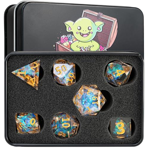 DND Dice Set 7pcs Sharp Edge Resin Polyhedral Dice for Dungeons & Dragons Bundled with Dice Pouch/Tray, and Stickers (Celestial Gleam)