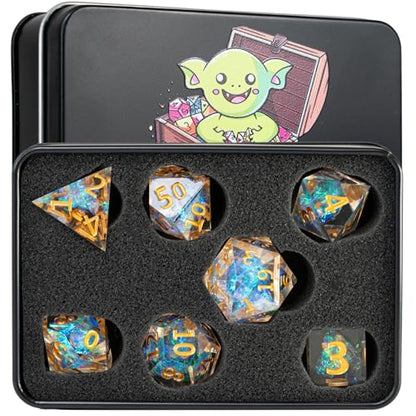 DND Dice Set 7pcs Sharp Edge Resin Polyhedral Dice for Dungeons & Dragons Bundled with Dice Pouch/Tray, and Stickers (Celestial Gleam)