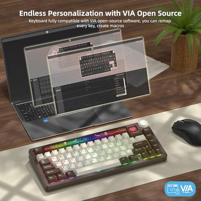 Womier 75% Wireless Mechanical Keyboard with Screen and Knob Keyboard | Retro Creamy Bluetooth Gaming Keyboard Custom Clear Light Box,RGB/Hot Swap/PBT Keycap,VIA Programmable for Mac/PC,K80 Brown - color: Brown-1