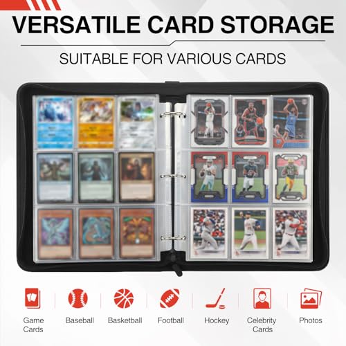 9 Pocket Trading Card Binder, 900 Cards Zip Album, Black | 50 Pcs Double Sided Sleeves, 3 Rings, Card Organizer for Baseball, Football, Basketball, Sports, Game Cards - color: Black