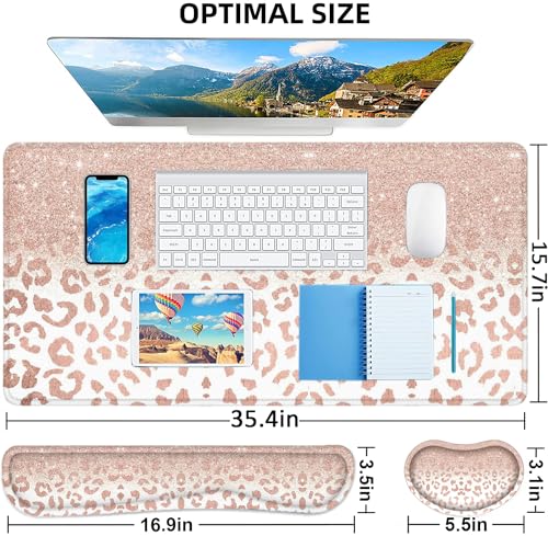 Large Mouse Pad with Wrist Rest, 4-in-1 Wrist Rest for Keyboard and Mouse | Non-Slip Waterproof Desk Mat Set, 35.4"x15.7" Desk Mat+Keyboard Wrist Rest+Mouse Wrist Support+Cup Coaster for Home Office - color: 4Pcs-Rose Gold Leopard