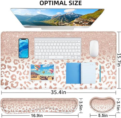 Large Mouse Pad with Wrist Rest, 4-in-1 Wrist Rest for Keyboard and Mouse | Non-Slip Waterproof Desk Mat Set, 35.4"x15.7" Desk Mat+Keyboard Wrist Rest+Mouse Wrist Support+Cup Coaster for Home Office - color: 4Pcs-Rose Gold Leopard