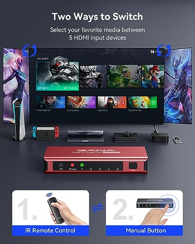 HDMI Switch 5 in 1 Out 4K@60Hz, GANA HDMI Splitter Switcher with Remote, Aluminum HDMI 2.0 Switch Box Hub for 3D, HDCP2.2, HDR, Compatible with Xbox, PS5/4/3,Fire Stick,Roku,Blu-Ray Player, Red - color: Red