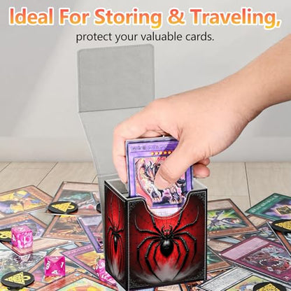 Card Deck Box, Card Storage Box Fits 100+ Single Sleeved Cards, Large Capacity PU Leather Card Storage Box with Strong Magnet for Magic Commander TCG/CCG, Red Spider - color: Spider