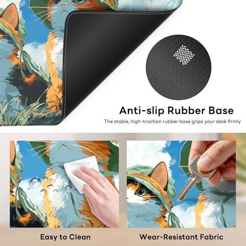 Large Gaming Mouse Pad, XL Desk Protector, Non-Slip Base | 31.5x15.7 in Extended Desk Mat with Stitched Edges for Keyboard, Work, Game, Office, Home PC and Laptop - color: Hat Cats