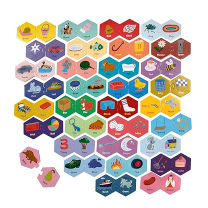 eeBoo Hexagon Puzzle Pairs - Rhyming Words, 33 Self-Correcting Pairs, Match Sounds to Images, Pre-Reading Activity for Preschool Kids Ages 3 and up - style: Rhyming Words