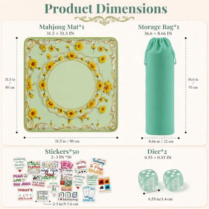 Green Mahjong Mat for Table & 50PCS Stickers| Carrying Bag, Heavy Floral Mahjong Mats& 2 Dices, Noise Reduction Non Slip Foldable, 31.5x31.5 Game Table Cover, for Playing Card, Board Tile Games - color: Green