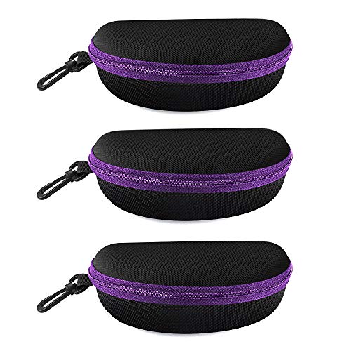 3 Pack Zipper Shell Eyeglasses and Sunglasses Case with Plastic Carabiner Hook - color: Purple