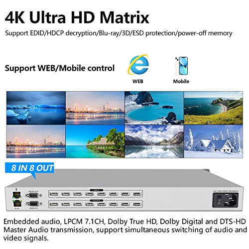 ICUIXIAN 4K 8x8 HDMI Matrix Switch 4K@30Hz Web GUI+LAN Port+Rs232 Control | Rackmount HDMI Matrix 8x8, HDCP, EDID, 3D, APP, Backlit Button,Screen display, 3.5mm Audio (8 Input 8 Output Matrix Splitter) - size: 8x8 Matrix 4k30Hz