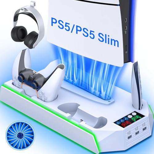PS5 / PS5 Slim Cooling Station with Controller Charging Station - LED Light Cooling Stand for Playstation 5 Slim Disc/Digital Console, Accessories Incl RGB Light/Cooler Fan/3 USB Hubs/Headset Holder