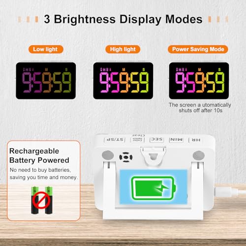 PERSUPER Kitchen Digital Timer, Count Down Up, Rechargeable, Vibration Mode | Adjustable Volume and Brightness LED Display, Time Management Cook, Desk, Kids Adults Study Teaching, Kitchen Gadgets RGB ﻿ - color: .Rgb