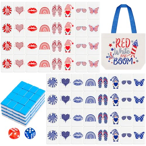 Hollowfly 2 Player Patriotic Mahjong Block Set with Storage Bags 65 Tiles 30 mm 4th of July Mahjong Push Tile Game with Red and Blue Pattern No DIY Required for Friend Family Game Night Party Gift - style: Red and Blue