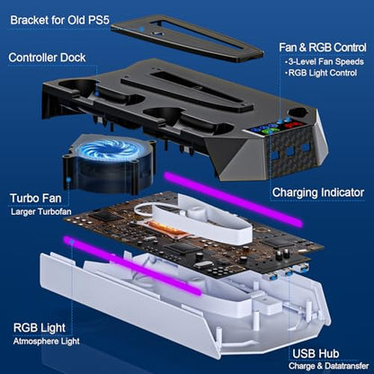 PS5/PS5-Slim-Cooling-Station-with-Controller-Charging-Station for PlayStation 5 Console Disc/Digital, LED Light Cooling Stand with Cooler Fan for PS5 Accessories with 3 USB Hubs/Headset Holder