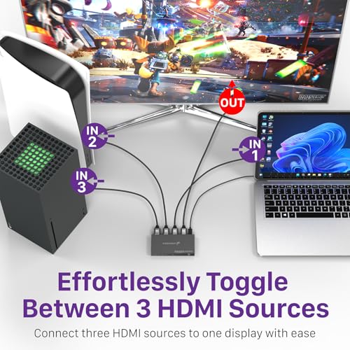 Fosmon 3-Port HDMI 8K Switch with Remote, Support 8K@60Hz 4K@120Hz HDR10+ HDCP 2.3 High Speed 48Gbps 3 in 1 Out Auto-Switching 3x1 HDMI 2.1 Switcher Splitter Hub Compatible with PS5, Xbox X, Apple TV - style: 8K HDMI Switch 3 In 1 Out
