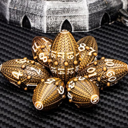 ARUOHHA DND Metal Dice Antique Gold Dragon Egg Dice with Rotating Dragon Egg Shell, Role Playing Game RPG Polyhedral D and D Dice Set D20 D12 D10 D8 D6 D4 - color: Ancient Gold