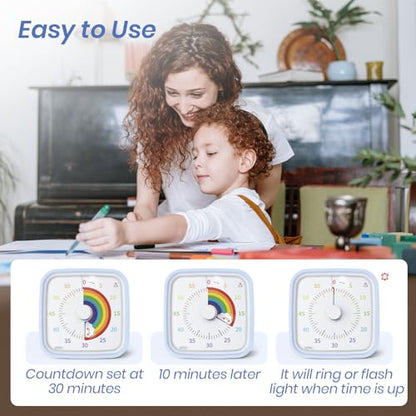 Rainbow Visual Timer for Kids, 60-min Countdown Timer, Light Blue | Protective Case, No Ticking, Mute and Ringing Alarm Available, Time Management Tool, Low Power Reminder, for Study,Game,Work - color: Light Blue Rainbow