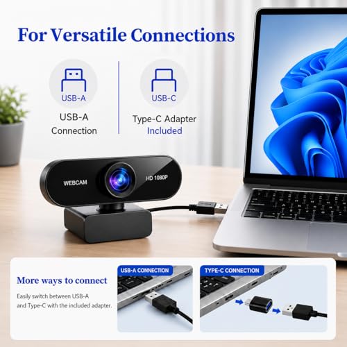 Gritto 1080P HD Webcam with Auto Focus & Microphone, 30FPS Computer Camera, USB Plug-and-Play with Type-C Adapter, 360° Rotating Webcam for Zoom Meetings, Teams, Streaming & Online Classes