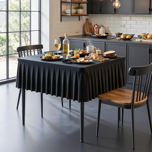 Black Square Tablecloth - 34x34 Inch Stretchy Fitted Small Card Table Cover | with Ruffle Pleated Table Skirt, Wrinkle-Free Spandex Mahjong Table Cover, for Dining, Kitchen, Patio, Banquet & Party Decor - color: Black, size: 34" x 34" (Square-1 Pack)