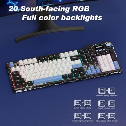 Ajazz AK35I V4 Full Size Wireless Mechanical Keyboard with 1.14" Color Screen & Knob, Tri-Mode Gasket Hot Swappable Gaming Keyboard, 10000mAh Battery, RGB, Black White Blue - color: V4 Black White Blue
