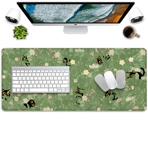 Cute Cats Desk Pad Mouse Pad,Sage Green Plants Flowers Floral Mouse Mat Large,Stitched Edges Non-Slip Waterproof Rubber Base Mous Mat for Office Home Work Gaming(27.5X11.8 in) - color: Cute Cats Green Plants