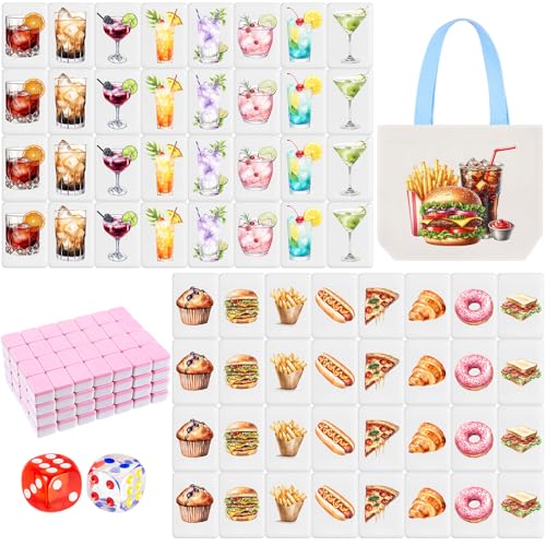 Hollowfly 2 Player Mahjong Block Set with Storage Bags 65 Tiles 30 mm Aesthetic Mahjong Push Tile Game with Food and Drink Pattern No DIY Required for Friend Family Game Night Party Gift - style: Food and Drink