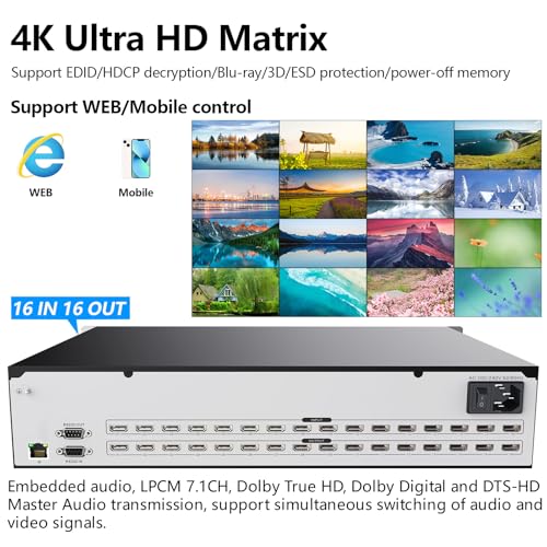 ICUIXIAN 16x16 HDMI Matrix Switch 4K@30Hz Web GUI+LAN Port+Rs232 Control | Rack Mount HDMI Matrix 16x16 With Audio Extraction EDID, HDCP, Backlit button, LED screen display (16 hdmi switcher splitter) - size: 16x16 Matrix 4k30Hz
