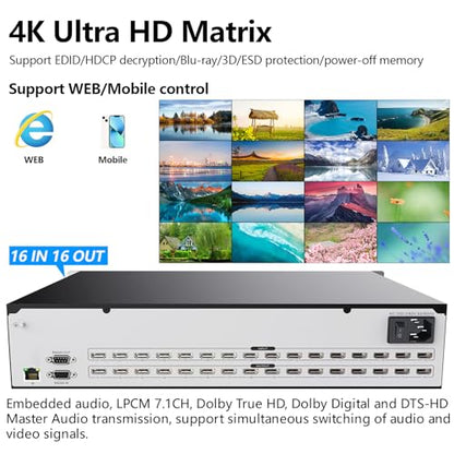 ICUIXIAN 16x16 HDMI Matrix Switch 4K@30Hz Web GUI+LAN Port+Rs232 Control | Rack Mount HDMI Matrix 16x16 With Audio Extraction EDID, HDCP, Backlit button, LED screen display (16 hdmi switcher splitter) - size: 16x16 Matrix 4k30Hz