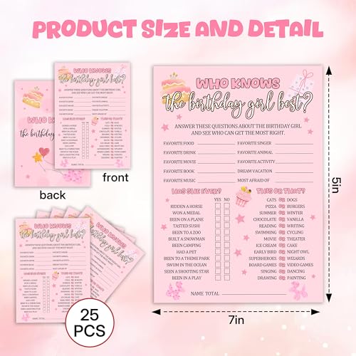 Birthday Party Games, Who Knows The Birthday Girl Best, 25 Pcs Double-Sided Fill-in Card Set for Guests, Fun Birthday Game for Teen Adults – A09